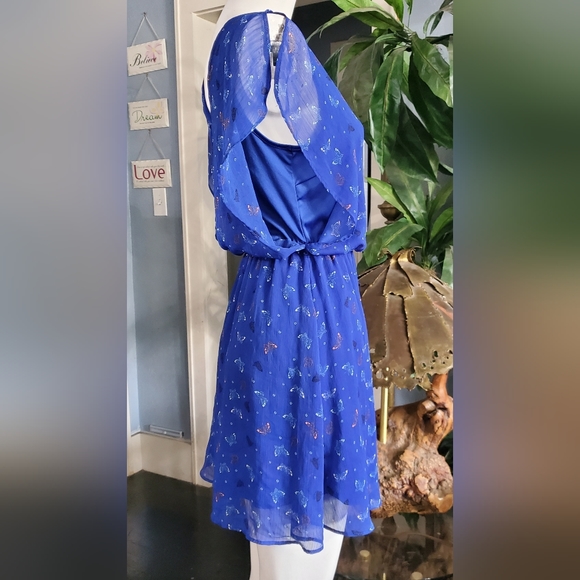 Candie's Blue Butterfly Lined Sundress Waist Defined Summer Mini Dress (S-M) - Picture 4 of 7